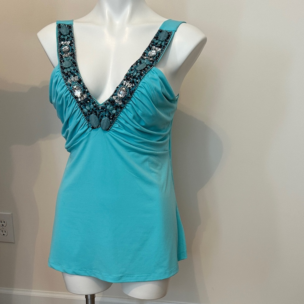 Boston Proper Turquoise Embellished V-Neck Top